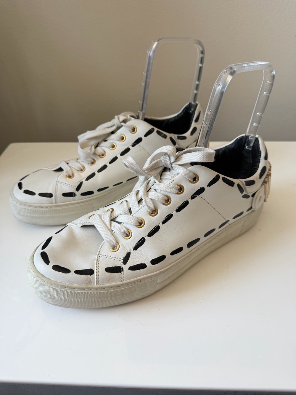 MOSCHINO White Leather Lace-Up Sneakers with Black Stitch Detail